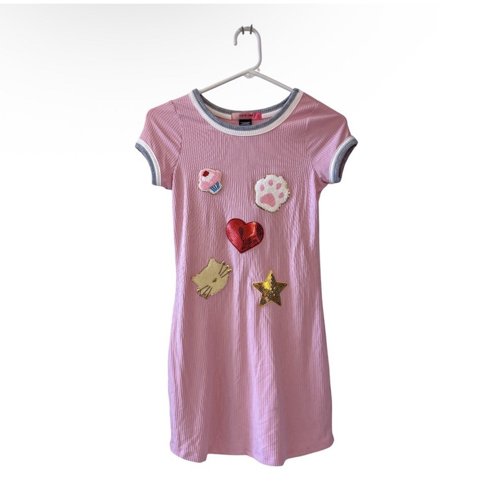 Paper Doll Girls Pink Patch‎ T-Shirt Dress Size 10/12 Sequin Y2K